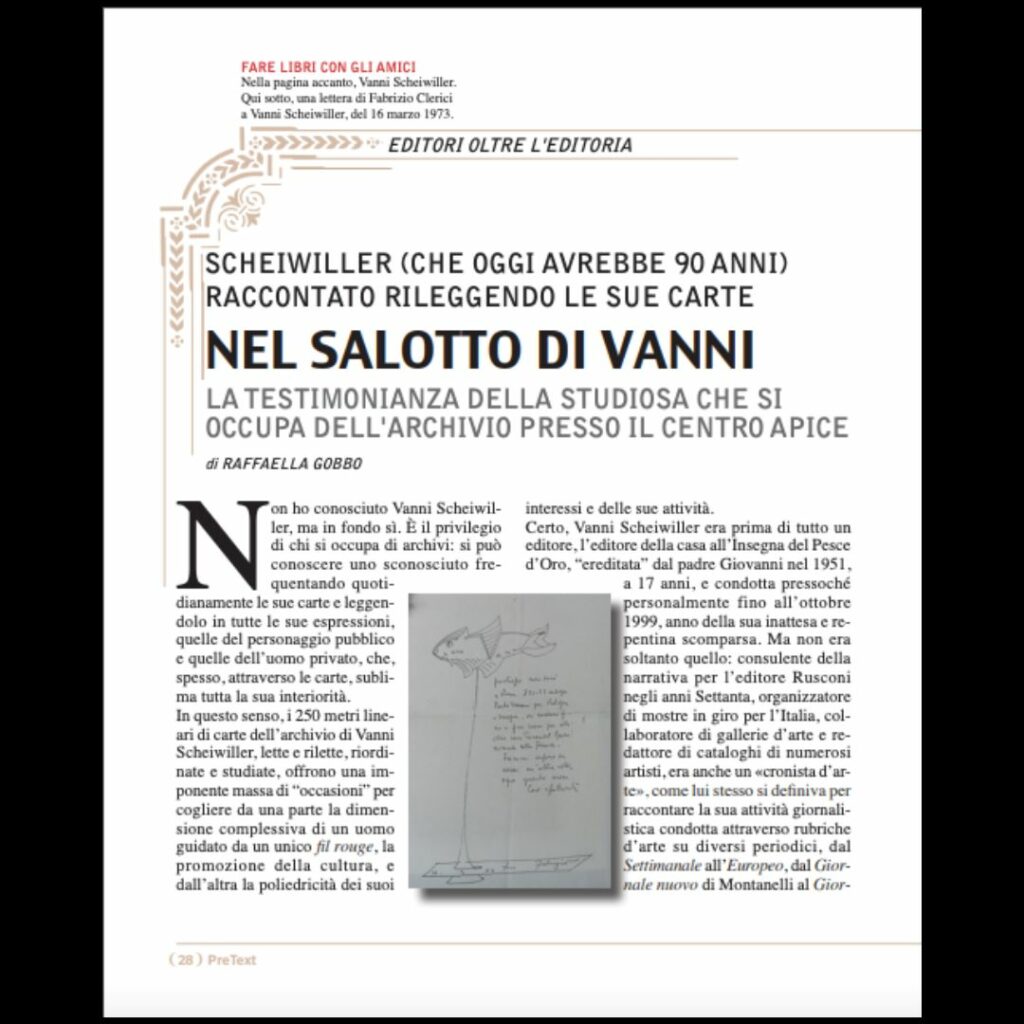 La prima pagina dell'articolo su Vanni Scheiwiller sulla rivista "PreText"